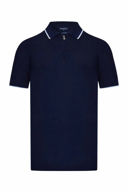 Merserize Pamuk Fermuar Detaylı Lacivert Triko Polo