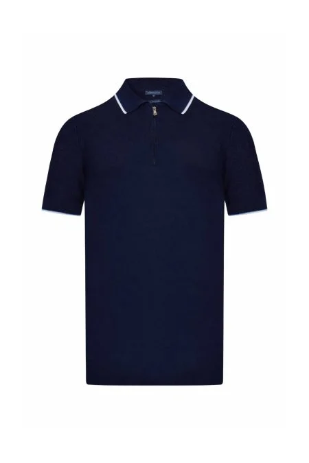 Merserize Pamuk Fermuar Detaylı Lacivert Triko Polo