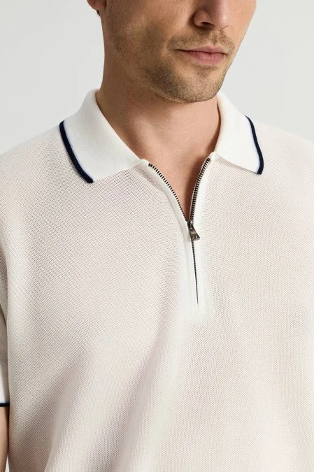 Merserize Pamuk Fermuar Yaka Beyaz Triko Polo