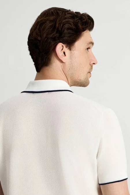 Merserize Pamuk Fermuar Yaka Beyaz Triko Polo