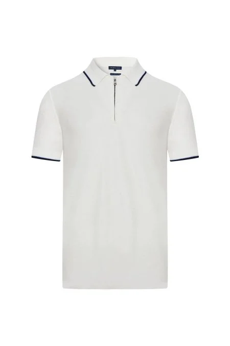 Merserize Pamuk Fermuar Yaka Beyaz Triko Polo