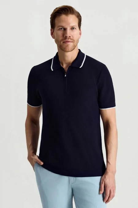 Merserize Pamuk Fermuar Yaka Lacivert Triko Polo
