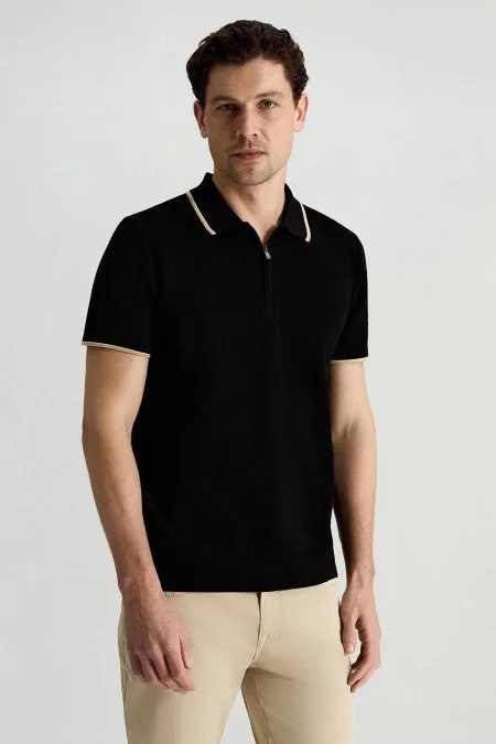 Merserize Pamuk Fermuar Yaka Siyah Triko Polo