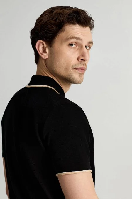 Merserize Pamuk Fermuar Yaka Siyah Triko Polo