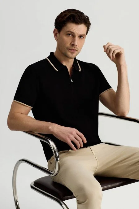 Merserize Pamuk Fermuar Yaka Siyah Triko Polo