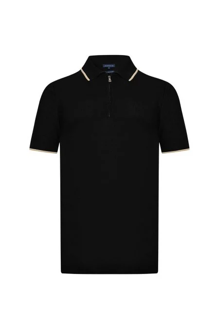 Merserize Pamuk Fermuar Yaka Siyah Triko Polo