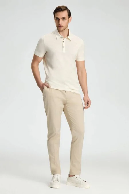 Merserize Pamuk Krem Rengi Polo Yaka T-Shirt