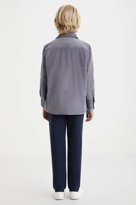 Metal Düğmeli Pamuk Açık Gri Çocuk Gömlek