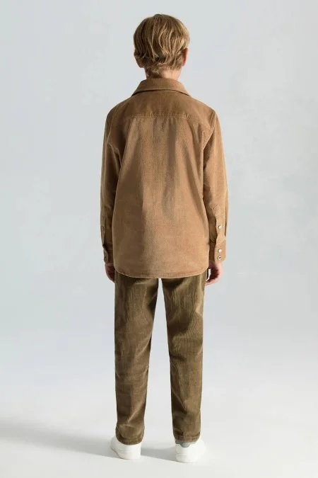 Metal Düğmeli Pamuk Camel Çocuk Gömlek