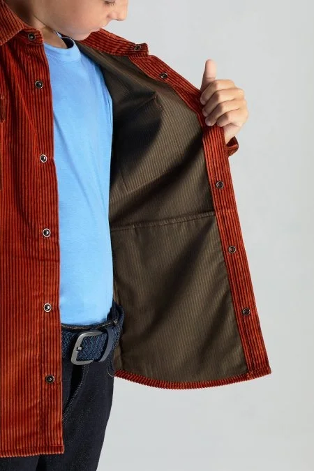 Metal Düğmeli Turuncu Kadife Çocuk Gömlek