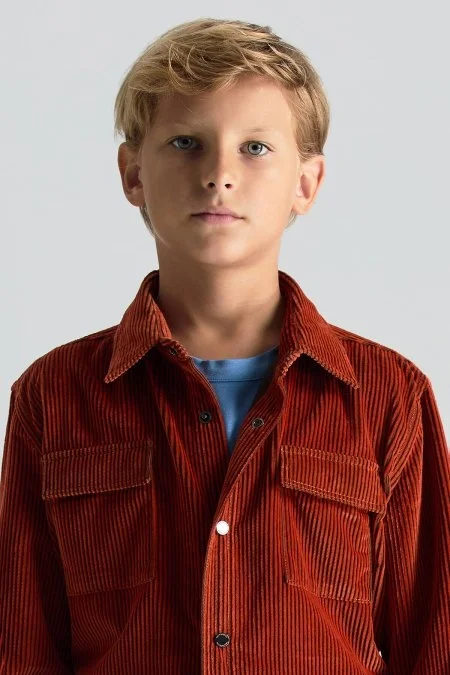 Metal Düğmeli Turuncu Kadife Çocuk Gömlek