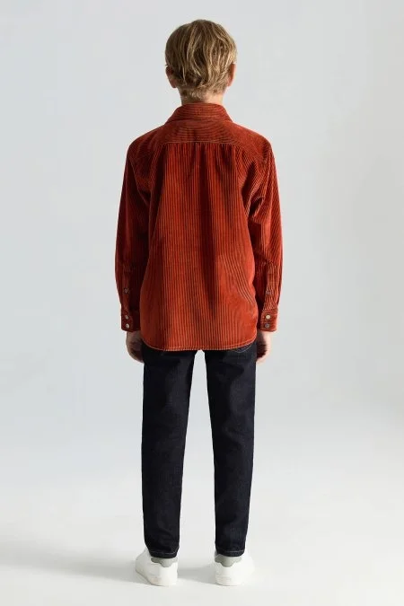 Metal Düğmeli Turuncu Kadife Çocuk Gömlek