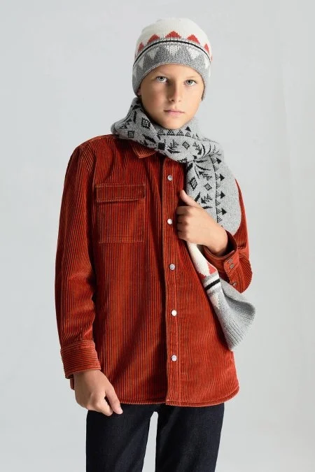 Metal Düğmeli Turuncu Kadife Çocuk Gömlek