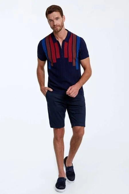 Mikro Desen Saf Pamuk Lacivert Triko Polo