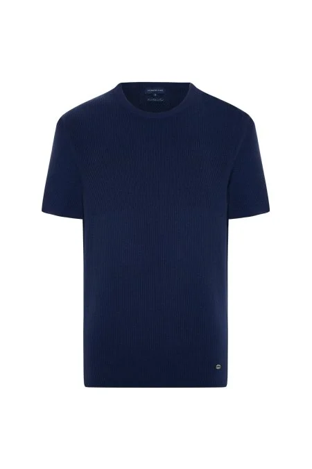 Modal Pamuk Karışım Fitilli Örgü Detaylı Lacivert T-Shirt