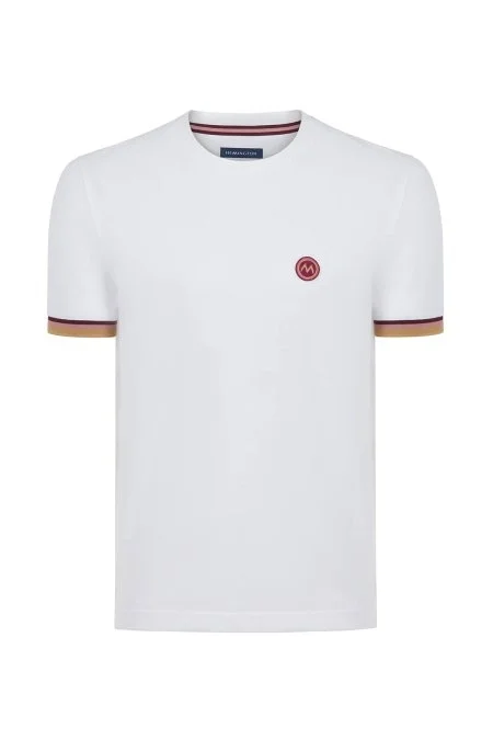 Nakış Logolu Pike Örgü Beyaz Bisiklet Yaka T-Shirt