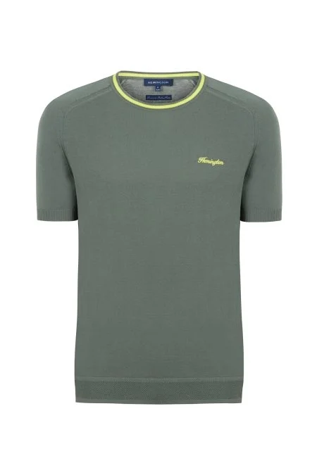 Nakış Logolu Yaka Detaylı Haki Triko T-Shirt