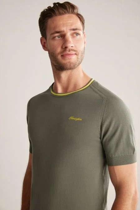 Nakış Logolu Yaka Detaylı Haki Triko T-Shirt