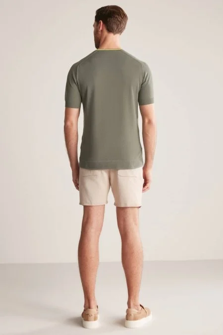 Nakış Logolu Yaka Detaylı Haki Triko T-Shirt