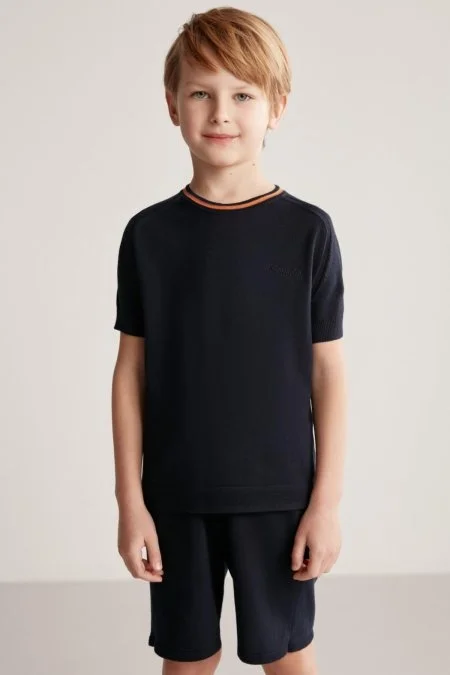 Nakış Logolu Yaka Detaylı Lacivert Triko Çocuk T-Shirt
