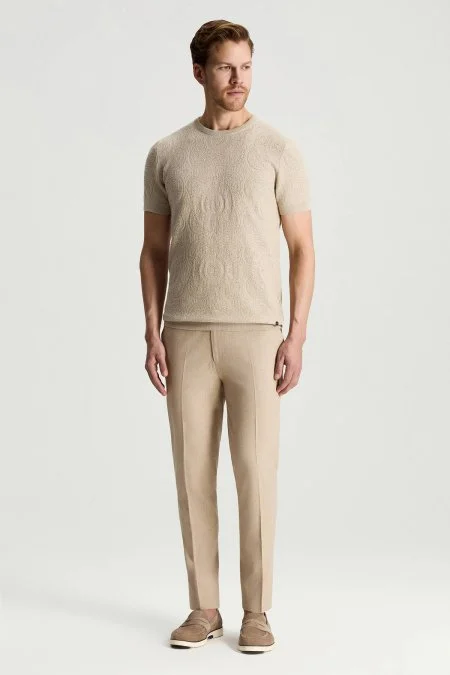 Örgü Desen Açık Bej Bisiklet Yaka Triko T-Shirt