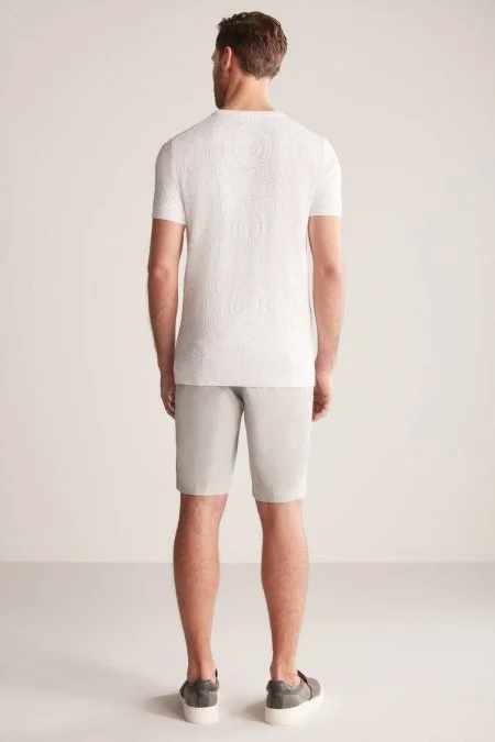 Örgü Desen Beyaz Bisiklet Yaka Triko T-Shirt