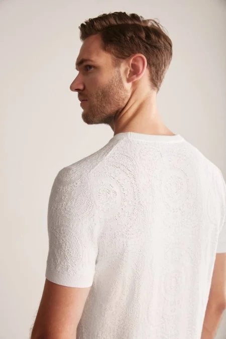 Örgü Desen Beyaz Bisiklet Yaka Triko T-Shirt