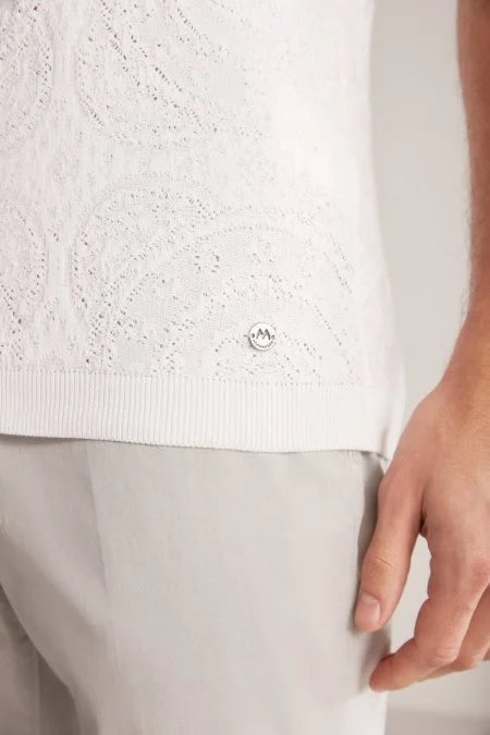 Örgü Desen Beyaz Bisiklet Yaka Triko T-Shirt