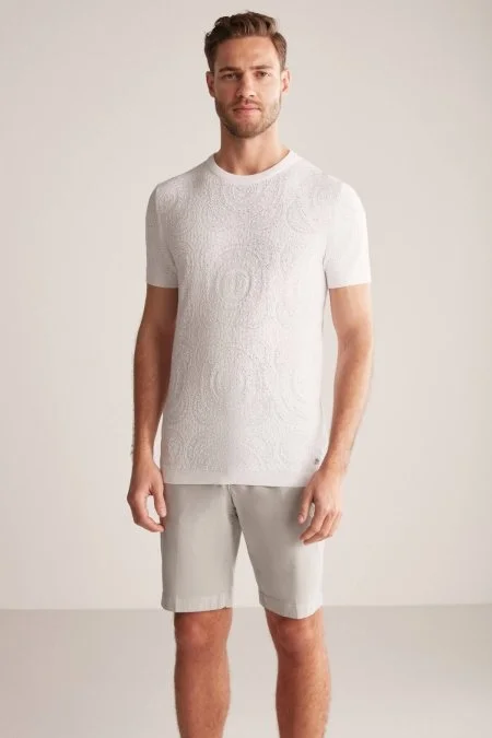 Örgü Desen Beyaz Bisiklet Yaka Triko T-Shirt