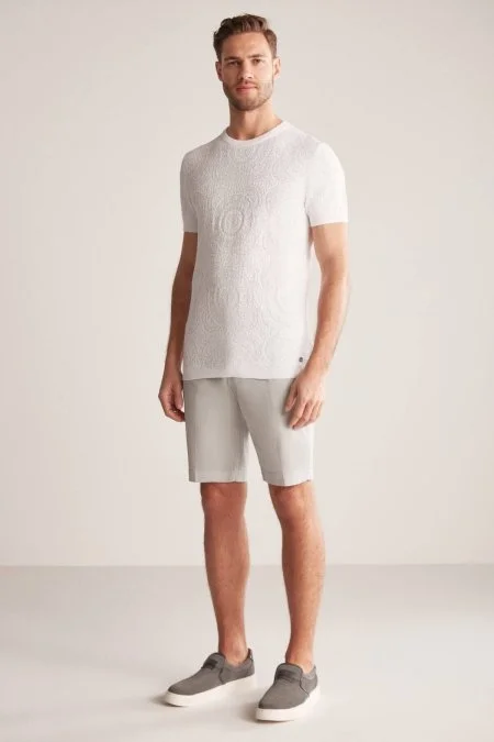 Örgü Desen Beyaz Bisiklet Yaka Triko T-Shirt