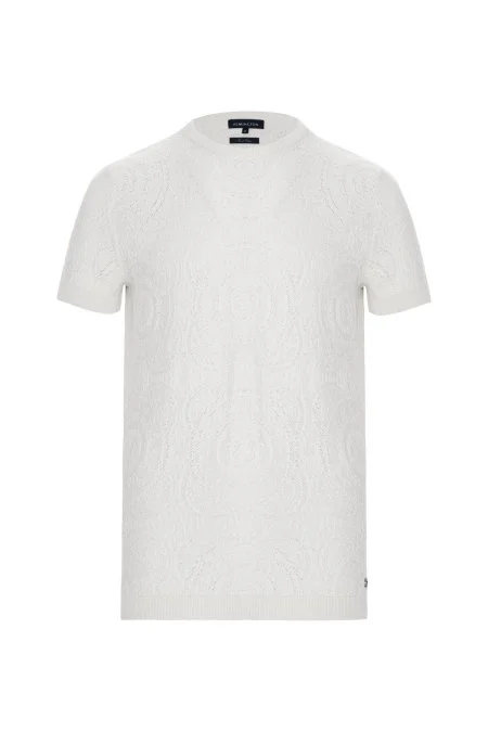 Örgü Desen Beyaz Bisiklet Yaka Triko T-Shirt