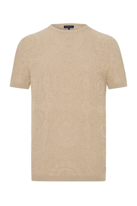 Örgü Desen Krem Rengi Bisiklet Yaka Triko T-Shirt