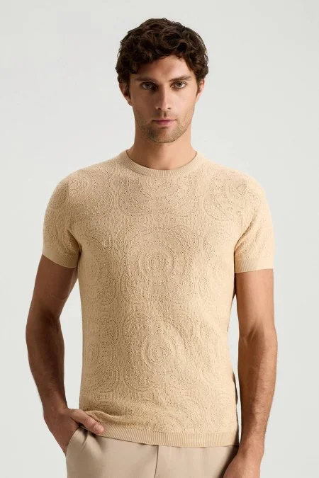 Örgü Desen Krem Rengi Bisiklet Yaka Triko T-Shirt