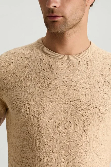 Örgü Desen Krem Rengi Bisiklet Yaka Triko T-Shirt