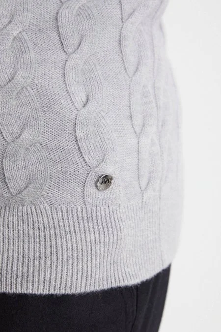 Örgü Desen Açık Gri Lambswool Yün Triko Süveter