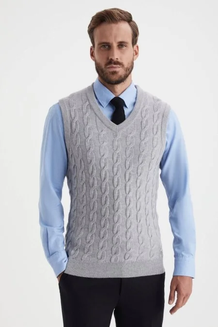 Örgü Desen Açık Gri Lambswool Yün Triko Süveter