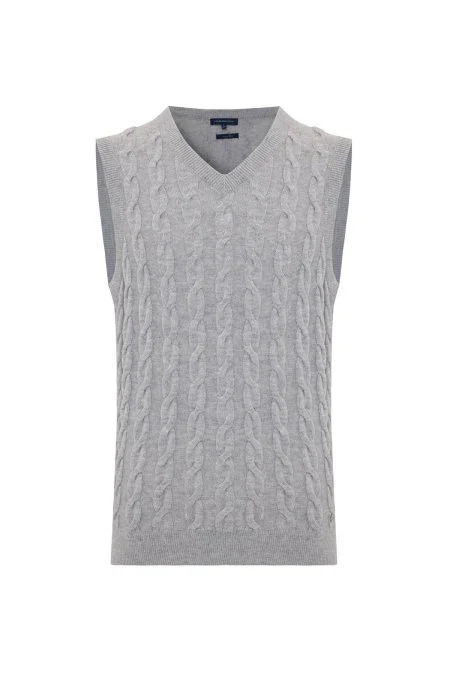 Örgü Desen Açık Gri Lambswool Yün Triko Süveter