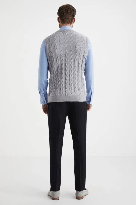 Örgü Desen Açık Gri Lambswool Yün Triko Süveter
