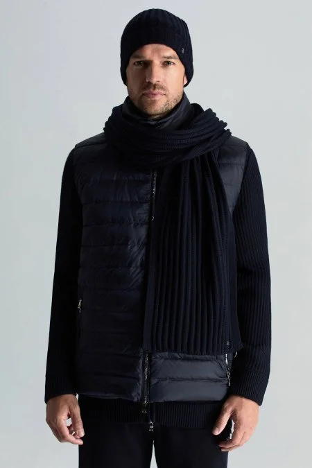 Örgü Desenli Merino Yün Lacivert Atkı