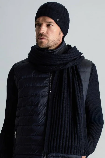 Örgü Desenli Merino Yün Lacivert Atkı