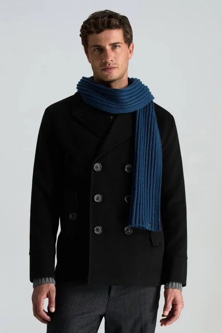 Örgü Desenli Merino Yün Mavi Atkı