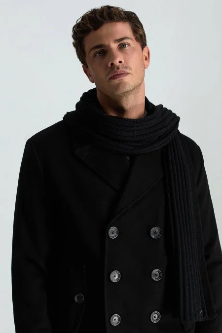 Örgü Desenli Merino Yün Siyah Atkı