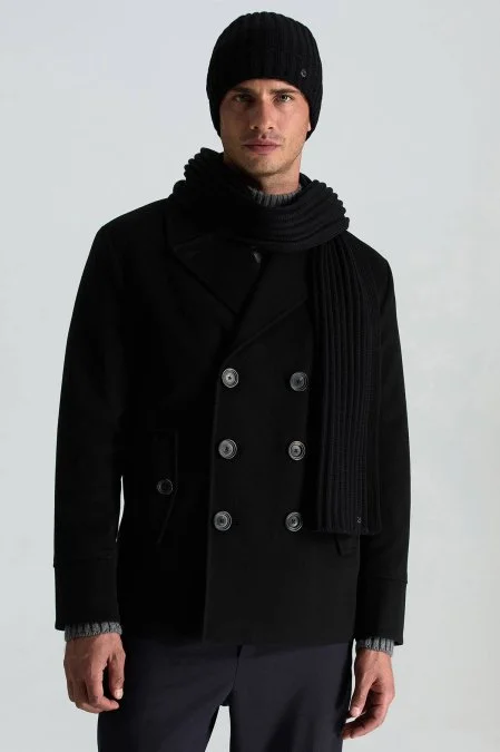 Örgü Desenli Merino Yün Siyah Atkı