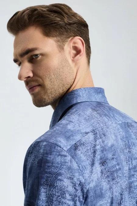 Paisley Desen Koyu Mavi Pamuk Gömlek
