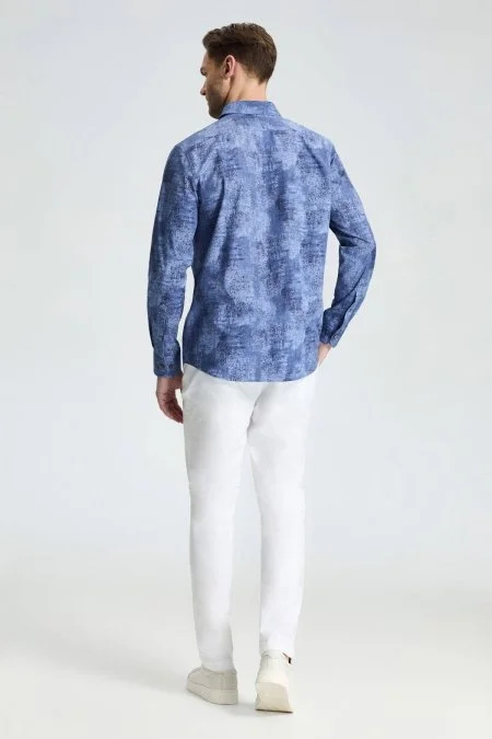 Paisley Desen Koyu Mavi Pamuk Gömlek