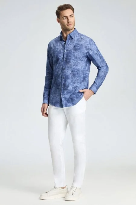 Paisley Desen Koyu Mavi Pamuk Gömlek