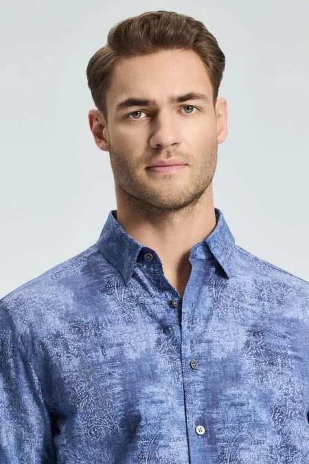 Paisley Desen Koyu Mavi Pamuk Gömlek