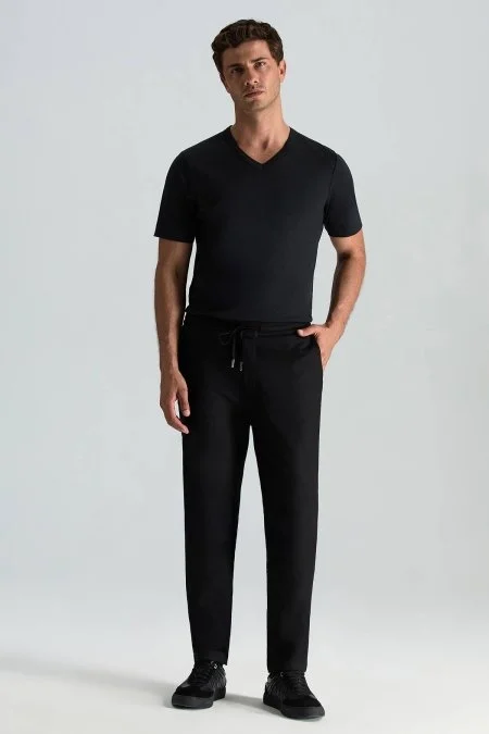 Pamuk Karışım Relax Fit Jogger Siyah Chino Pantolon