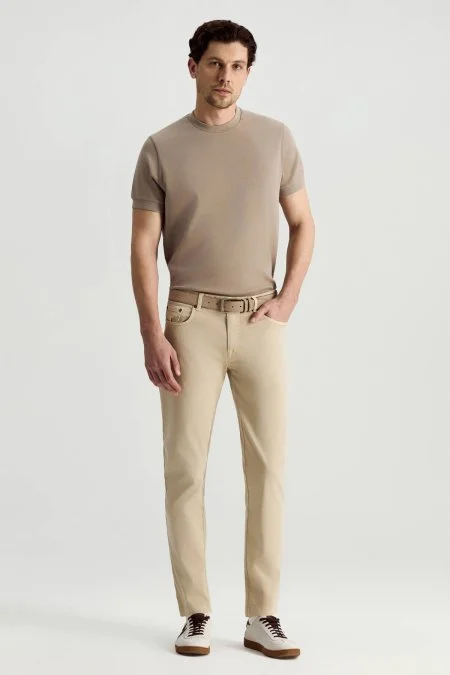 Pamuk Karışım Slim Fit 5 Cep Bej Yazlık Chino Pantolon