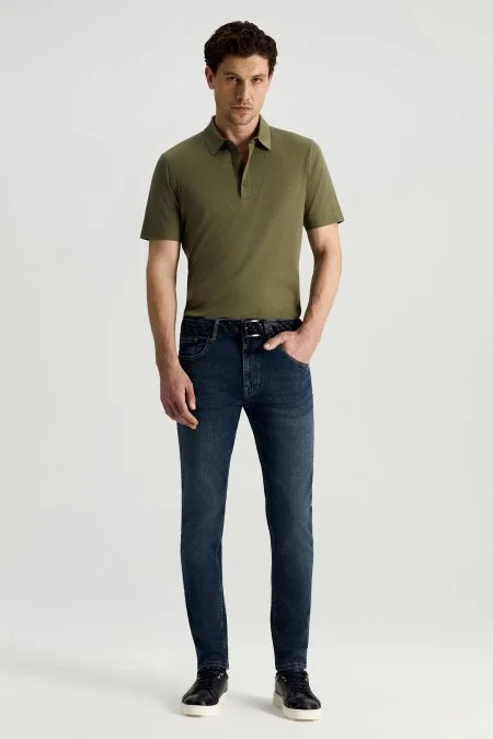 Pamuk Karışım Slim Fit Lacivert Taşlanmış Denim Pantolon